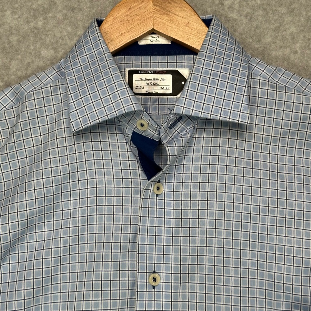 Lorenzo Uomo Mens Blue Windowpane Check Trim Fit Non-Iron Dress Shirt 15.5 32-33